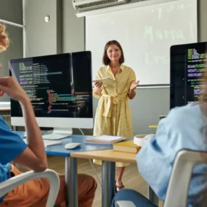 Female instructor teaching SQL Certification Course, guiding students in database management, queries, and practical SQL skills.